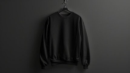 Black sweatshirt hanging on a hanger against a dark wall background. Minimalist fashion apparel for casual wear and modern style.