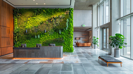 Wall Mural - Interior of a hotel lobby with reception desk and green plants, 3D rendering