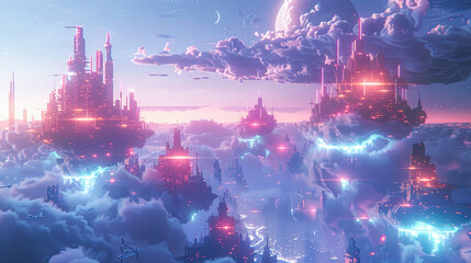 Wall Mural - futuristic cyberpunk cityscape above the clouds with neon glowing lights, digital art, concept art, 