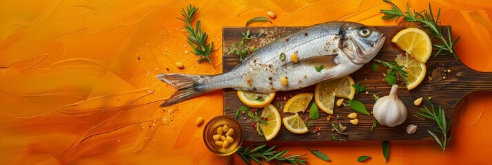 Wall Mural - Fresh whole fish garnished with lemon slices, garlic, and herbs on a wooden board on an orange background. Suitable for culinary and cooking concepts