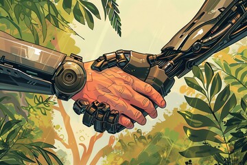 Poster - Technology robot hand business arm future concept handshake. Human science man machine artificial futuristic intelligence digital internet computer cyborg partnership. Cyber