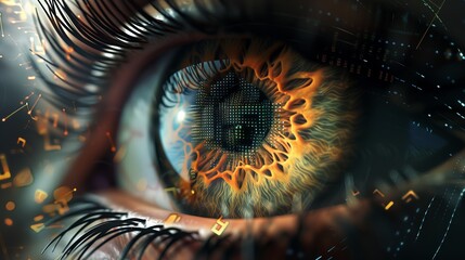 Poster - Eye iris human vision blue pupil closeup. Macro futuristic eyeball eyesight sight digital future technology beauty. Concept woman reflection watching eyelash people female identity
