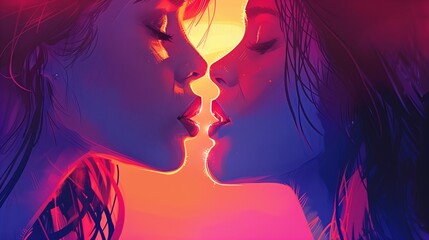 Wall Mural - Young female love women couple kiss. Person homosexual lifestyle relationship girlfriend lesbian romantic beauty. Two adult face style lady marriage pretty together passion art