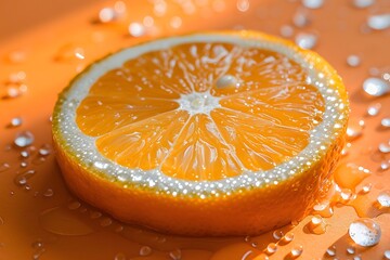 Wall Mural - Fresh Citrus Slice with Water Droplets on Vibrant Orange Background - Perfect for Summer Themes and Refreshing Beverage Designs