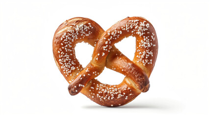 Golden brown pretzel in a knotted shape with a crispy texture, photographed from above on a white background.