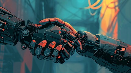 Poster - Futuristic robot hand, symbolizing technology and artificial intelligence. A concept of human cyborg partnership and innovation. Digital automation and communication in a