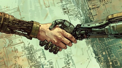 Poster - Digital handshake symbolizing a business partnership. Concept of success and agreement in a networked world. Highlighting innovation, security, and trust in cyberspace, with a