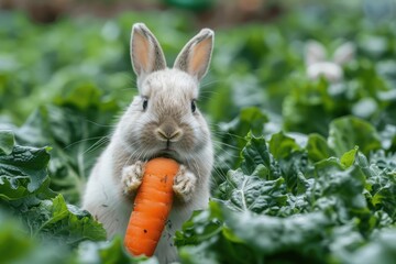 A small white bunny holding a large, bright orange carrot in its paws. The bunny is sitting on a bed of fresh green lettuce leaves 