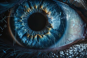Poster - Macro closeup of a blue iris, showcasing the beauty and detail of human vision. A futuristic concept of eyesight and optical science, highlighting medical and security aspects. The