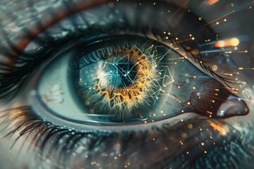 Poster - Human eye closeup, highlighting vision and beauty. Blue iris and detailed eyelashes, showcasing optical and medical aspects. A futuristic concept of eyesight and digital