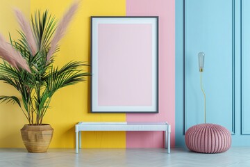 Aufkleber - Modern interior room design with a blank white wall. Stylish and minimalistic, perfect for creative decor and furniture. Scandinavian inspired space with wooden elements and