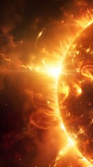 Poster - Close-up view of the sun with dramatic solar flares and magnetic storms. Stunning representation of the sun's activity and solar energy.