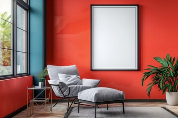 Aufkleber - Modern interior design with a blank wall and stylish furniture. Cozy living room with a blue armchair and wooden elements. Perfect for creative and contemporary home decor.