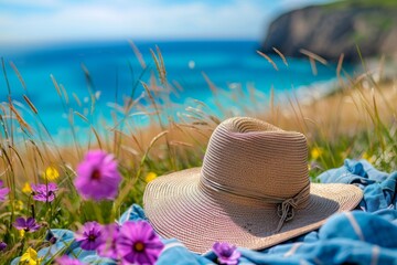 A straw hat placed on a blanket in field with wildflowers on hill near ocean on a sunny day. Summer vacation, picnic.