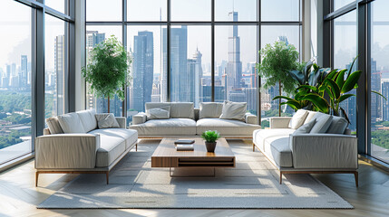Wall Mural - Modern bright interiors 3D rendering illustration. Living room with city view