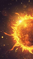 Poster - Vibrant artistic depiction of the sun with dynamic solar flares. Highlighting solar energy and magnetic storms.
