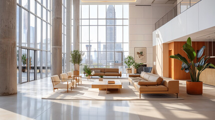 Wall Mural - Interior of a modern living room with a panoramic window overlooking the city