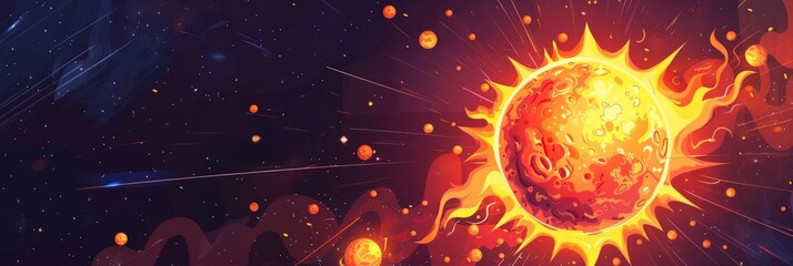 Poster - Creative depiction of the sun with vibrant solar flares and magnetic storms. Showcasing solar energy and its influence on space weather.