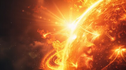 Poster - Close-up view of the sun with solar flares and intense energy emissions. Highlighting the sun's activity and its impact on space weather.