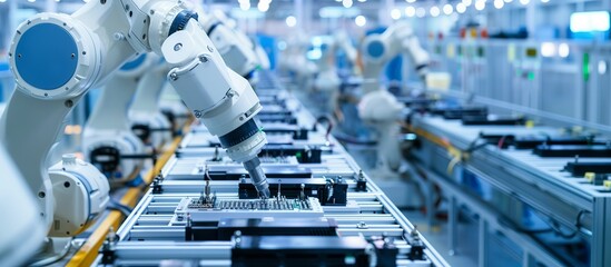 Poster - Industrial factory with advanced technology and automation. Robots and machines work together in modern production processes. Engineers and operators control the system, ensuring