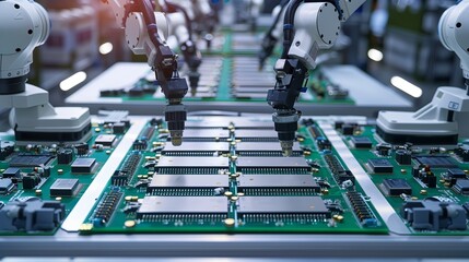 Poster - Industrial technology in a manufacturing factory. Robots and machines for automated production processes. Advanced engineering and modern equipment ensure precision and efficiency