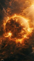 Poster - Close-up of the sun with solar flares and eruptions against a backdrop of stars. A vivid representation of solar magnetic activity. Perfect for scientific and educational use