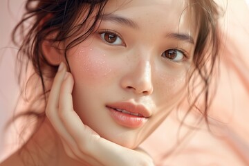 Poster - Healthy and pretty Asian woman with fresh skin. Attractive and natural beauty, perfect for skincare and wellness themes. Highlighting facial care and happiness in a clean and