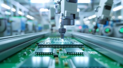 Poster - Industrial technology in a manufacturing factory. Robots and machines for automated production processes. Advanced engineering and modern equipment ensure precision and efficiency