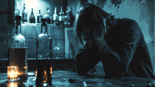 A somber depiction of alcohol addiction, showcasing a person struggling with alcoholic tendencies, symbolizing the distressing issue of drinking problems in society. 