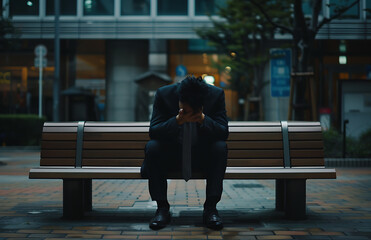 man in a suit sitting on the bench with his head down and hands holding behind it he is crying because of pain from back blush office building background photo taken in the style of Canon eos r5