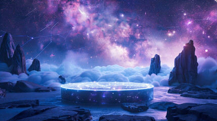 Wall Mural - 3d render of fantasy landscape with a podium in the middle of the night