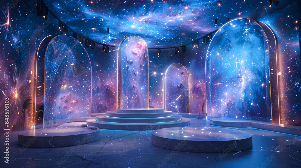 3d rendering. Futuristic stage with arch, portal and planets Stock ...