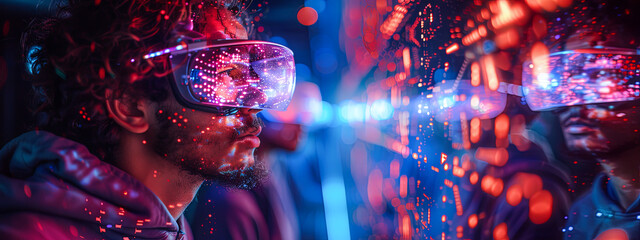 Poster - Portrait of a young african american man wearing virtual reality goggles.