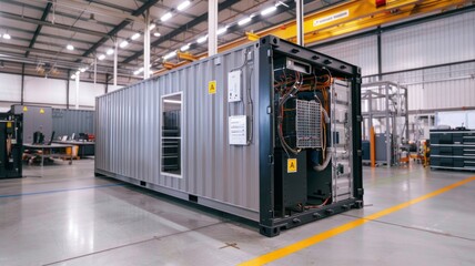 Poster - Industrial Shipping Container in Modern Factory Setting with Advanced Machinery and Equipment for Manufacturing and Storage Solutions