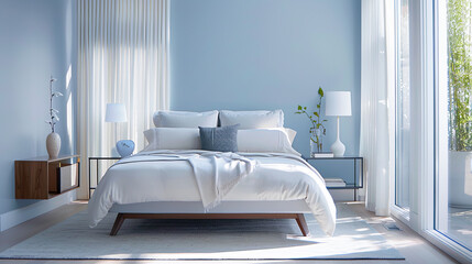 Modern bedroom interior design with white pillows on the bed. 3d render