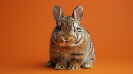 A cute brown and black rabbit with large ears sits on an orange background.