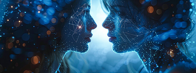 Poster - Double exposure of man and woman face and digital hologram. Concept of artificial intelligence.