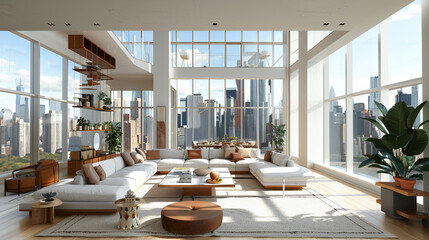 Wall Mural - Interior of modern living room with panoramic city view 3D rendering