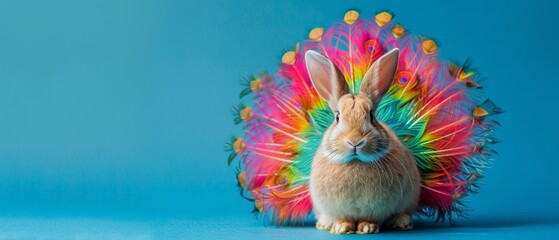 Cute rabbit with rainbow feathers on blue background.