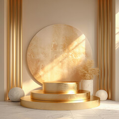 Sticker - 3d render of golden podium for product presentation in room with gold decoration