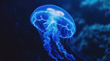 Jellyfish glow blue in the dark. Neon transparent jellyfish float on a black background. Jellyfish in action in the aquarium. Beautiful jellyfish moving through the neon lights