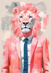 Poster - Lion businessperson art painting mammal.