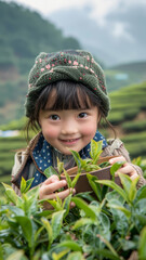 Canvas Print - Child smiling in a tea field - A joyful child with a warm smile engages playfully amongst tea leaves in a lush green field
