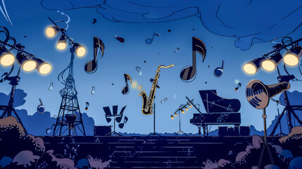 Wall Mural - A blue background with a saxophone and other musical instruments. Scene is lively and energetic