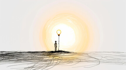 A person stands in front of a light post in front of a large sun. The scene is serene and peaceful, with the sun casting a warm glow on the landscape. The person appears to be lost in thought