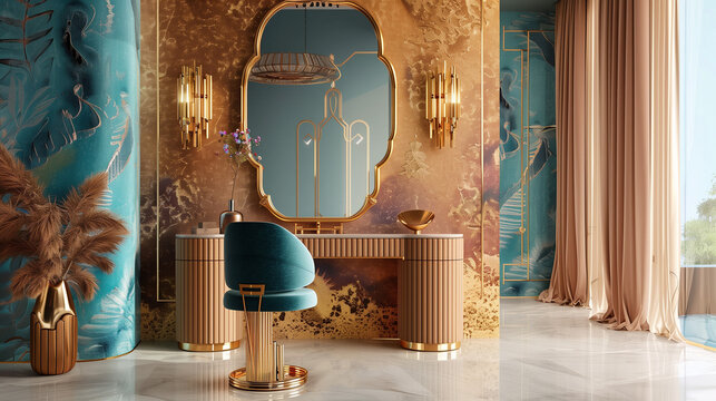 Inspired by the interior aesthetics of Dubai, this elegant dressing table in a modern style with a gold finish impresses with rich jewel tones and a luxurious look.