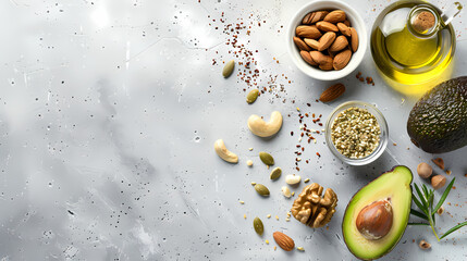 Wall Mural - Assorted healthy fats food selection with avocado, nuts, seeds, and olive oil, with blank space for adding text or design.