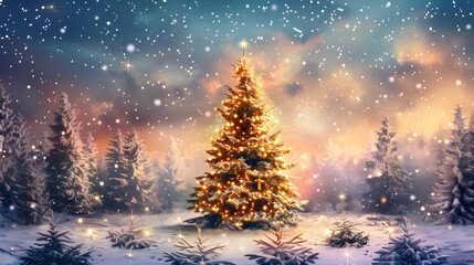 A beautiful Christmas tree decorated with lights stands in the center of an enchanted snowy forest under a starry sky. surrounded by snowcovered trees and glowing stars 