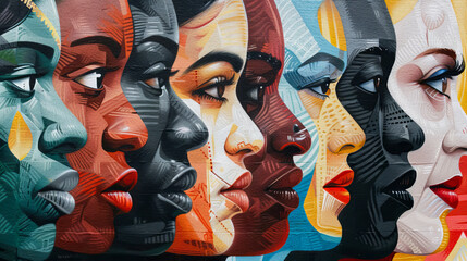 Wall Mural - A painting of many faces with different colors and features. The painting is a representation of diversity and unity