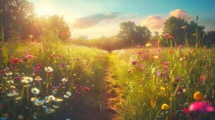 Sticker - A peaceful path through a blooming flower field.